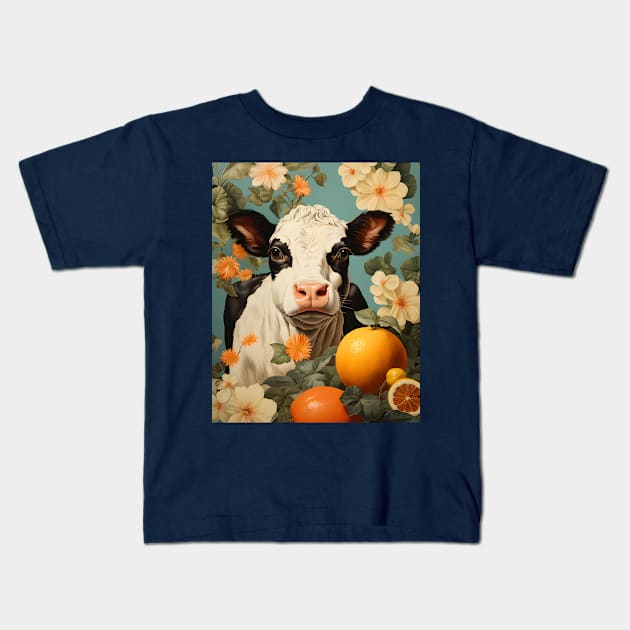 Retro Vintage Country Cow Floral Design - Rustic Farmhouse Art Kids T-Shirt by The Whimsical Homestead